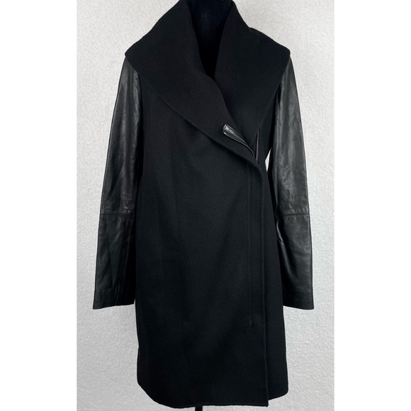 VINCE • Black Leather-Sleeve Shawl Collar Wool Trench Coat - Picture 8 of 15